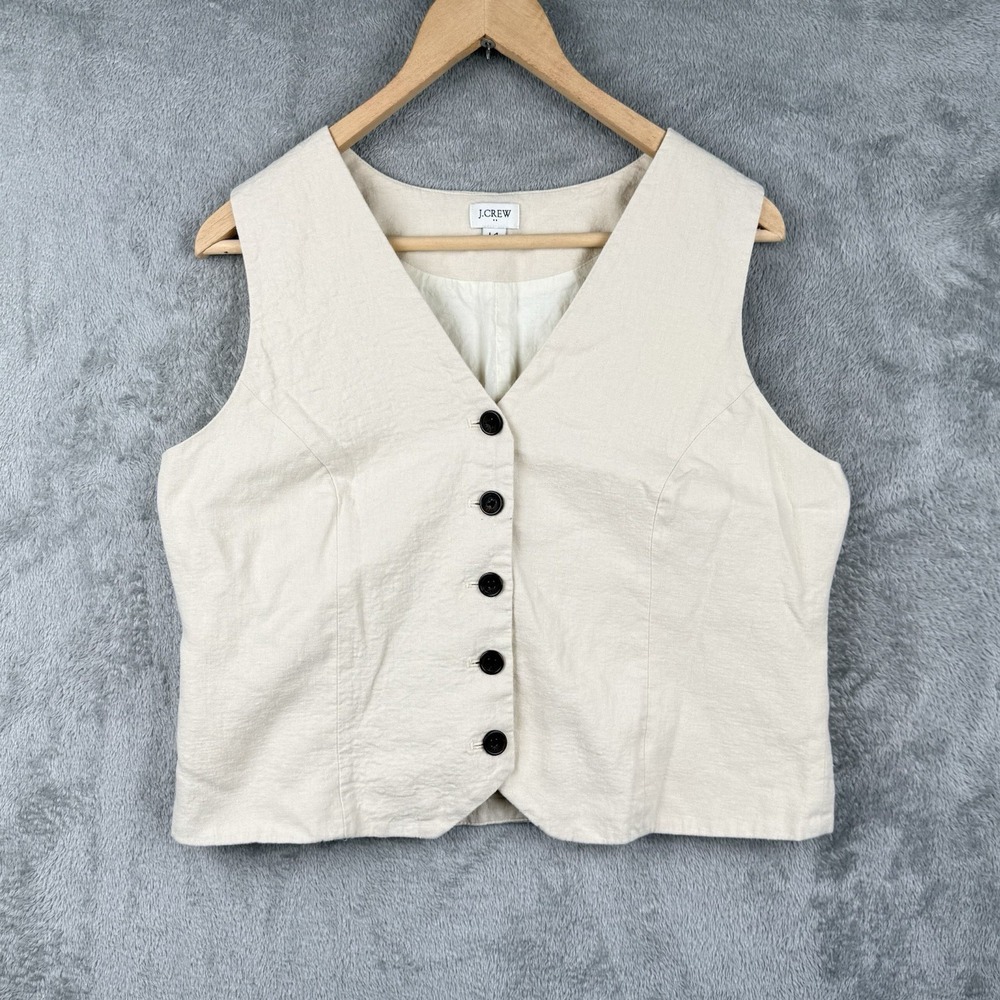 J.Crew Cropped Vest Womens 14 Ivory Linen Blend Button Down Lined V-Neck Office